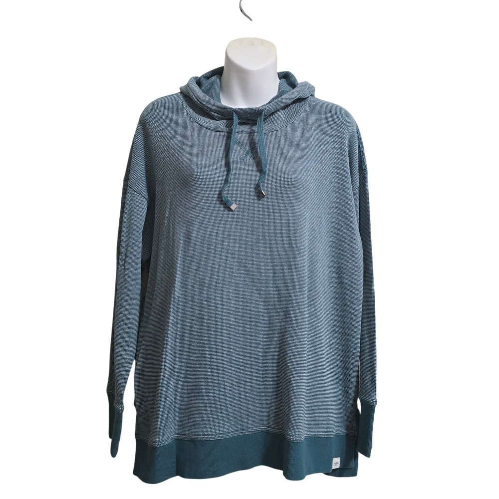 L.L. Bean Teal Waffle Knit Pull Over Hooded Sweater Sz XL